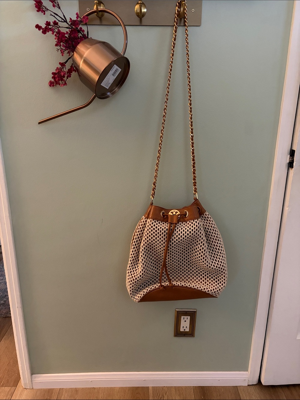 Cute Tory Burch Cream and Brown Drawstring Hobo with Gold Chain